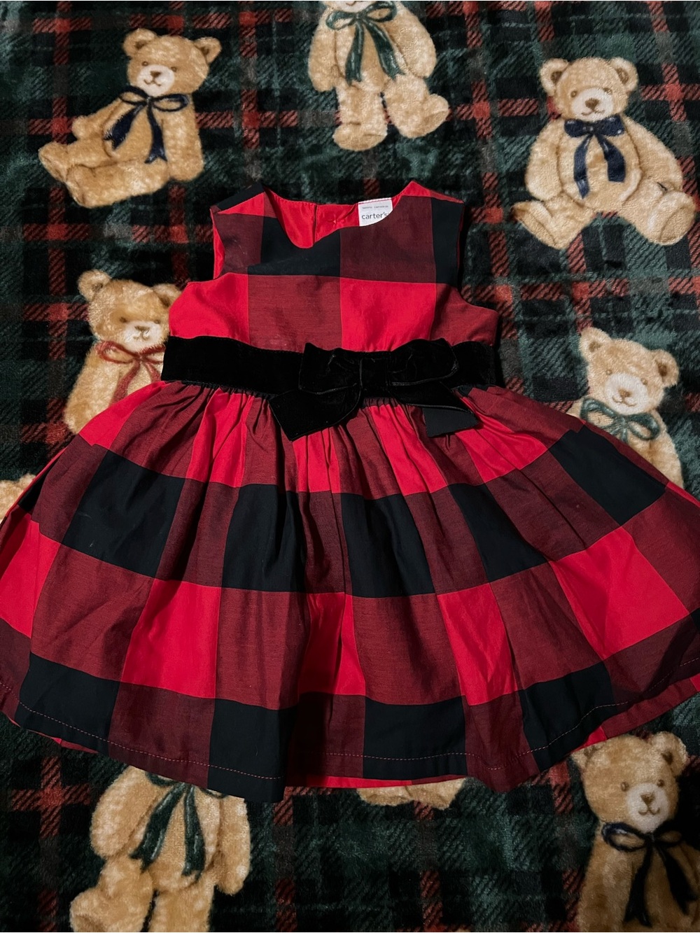 Carter's Red and Black Buffalo Plaid Dress with Velvet Bow
